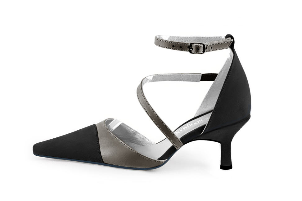 French elegance and refinement for these matt black and taupe brown dress open side shoes, with snake-shaped straps, 
                available in many subtle leather and colour combinations. This charming model with its "snake strap" will sublimate your outfit.
For very thin feet, prefer the Phoenix model.
To personalize or not, according to your outfits or your desires.  
                Matching clutches for parties, ceremonies and weddings.   
                You can customize these shoes to perfectly match your tastes or needs, and have a unique model.  
                Choice of leathers, colours, knots and heels. 
                Wide range of materials and shades carefully chosen.  
                Rich collection of flat, low, mid and high heels.  
                Small and large shoe sizes - Florence KOOIJMAN